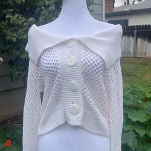 White knit crochet cardigan with button up detail